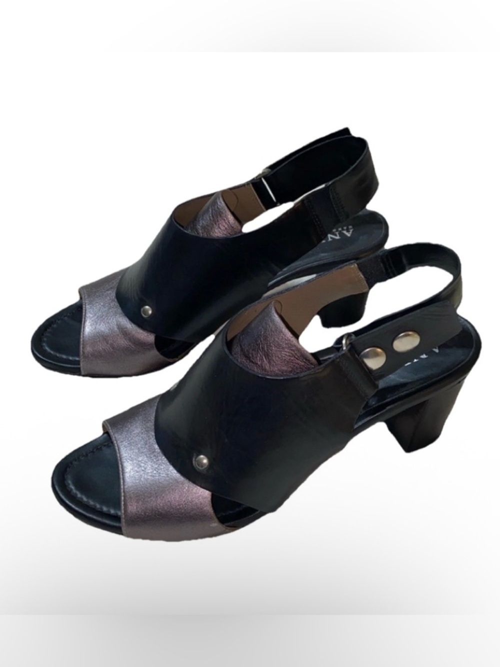 Anyi Lu Athena Pewter Metallic Black Calf Leather Heel Handmade In Italy Sz 36.5